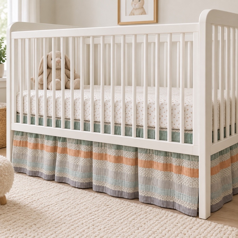 Pottery Barn Kids White Multicolor Pastel Striped 100% Cotton Crib Bed Skirt, OS
